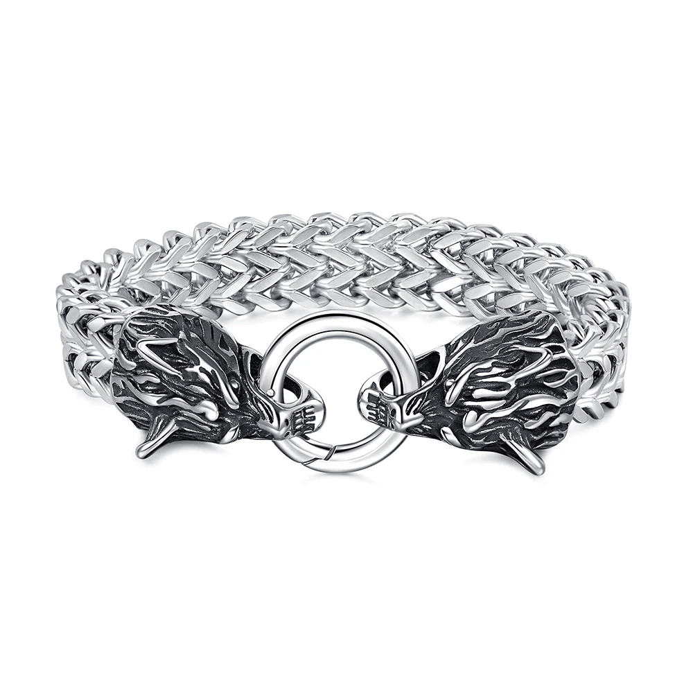 Men's Viking Celtic Wolf Head Mesh Chain Bracelet
